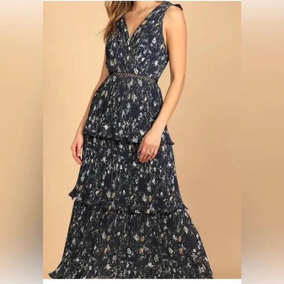 Lulu's Navy Floral Tiered Maxi Dress with Black Shoulder Ties - Picture 7 of 15